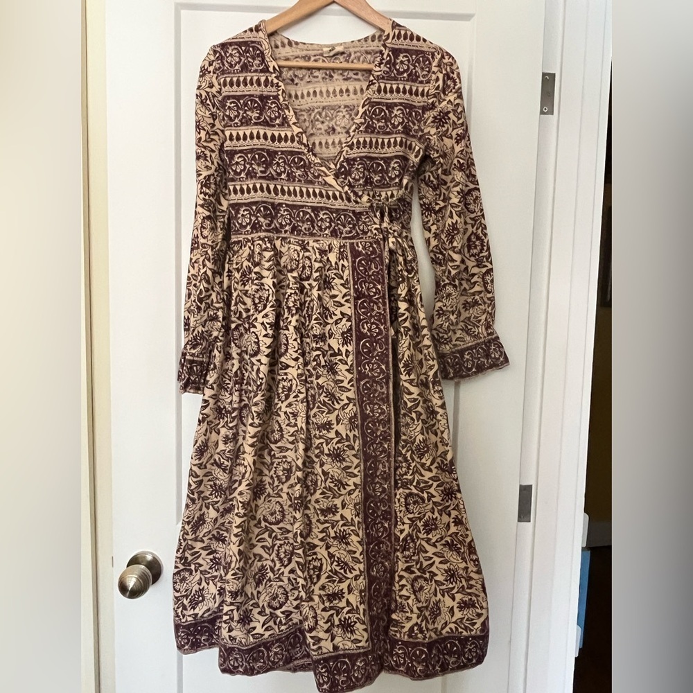 Vintage Indian Cotton Block-Printed Floral Wrap Midi/Maxi Dress Cream Brown S